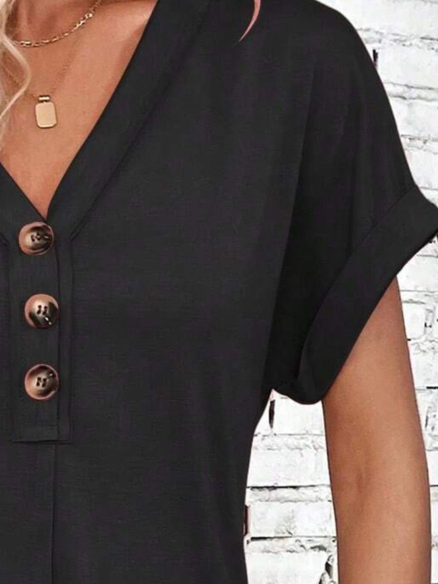 Black V-Neck Quarter Button Short Sleeve Mini Dress - A-Line Women's Casual