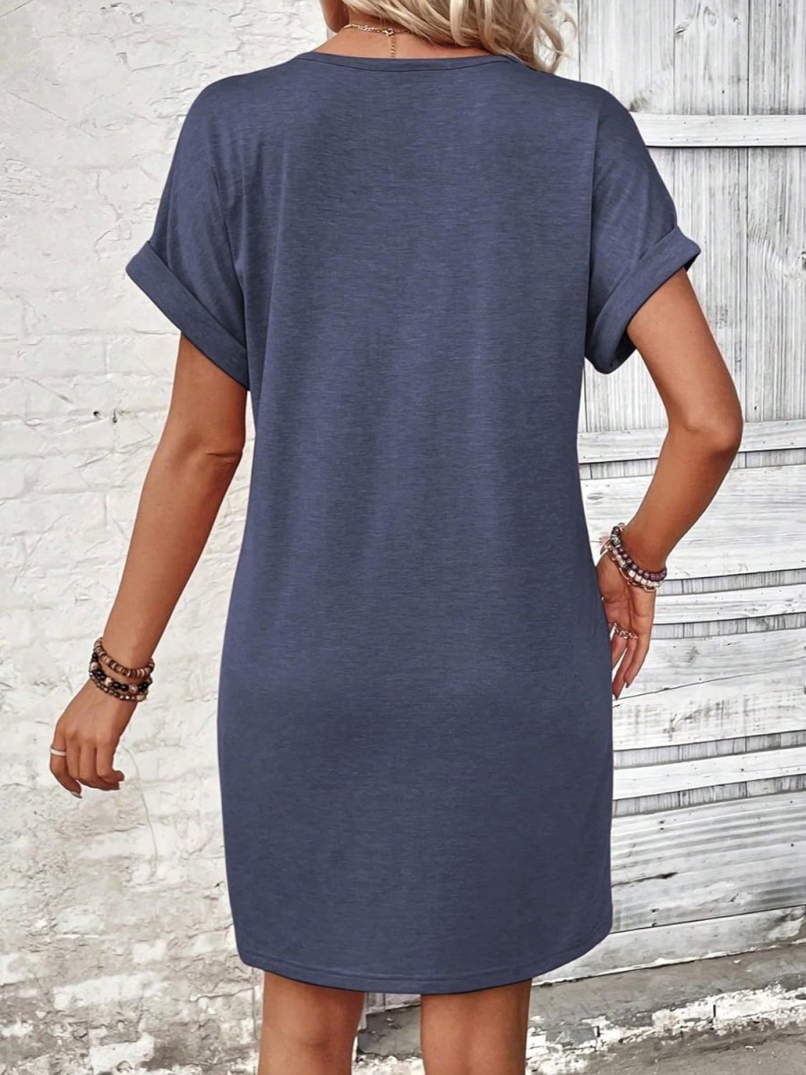 Black V-Neck Quarter Button Short Sleeve Mini Dress - A-Line Women's Casual