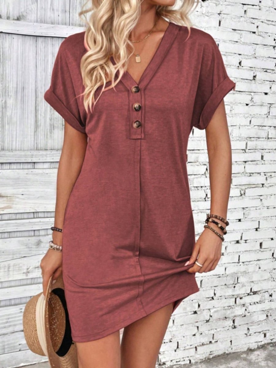 Black V-Neck Quarter Button Short Sleeve Mini Dress - A-Line Women's Casual