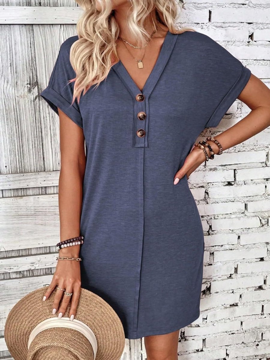 Black V-Neck Quarter Button Short Sleeve Mini Dress - A-Line Women's Casual
