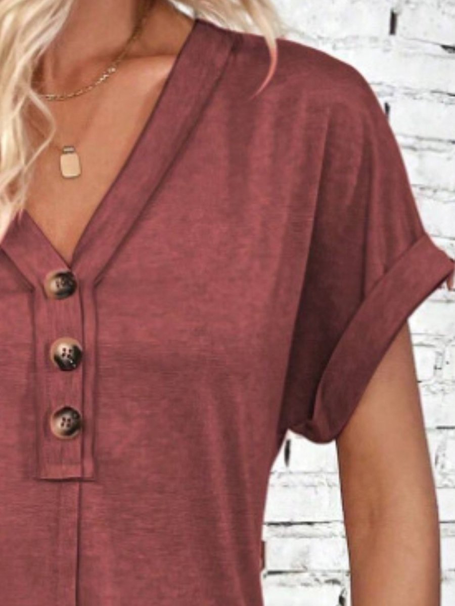 Black V-Neck Quarter Button Short Sleeve Mini Dress - A-Line Women's Casual