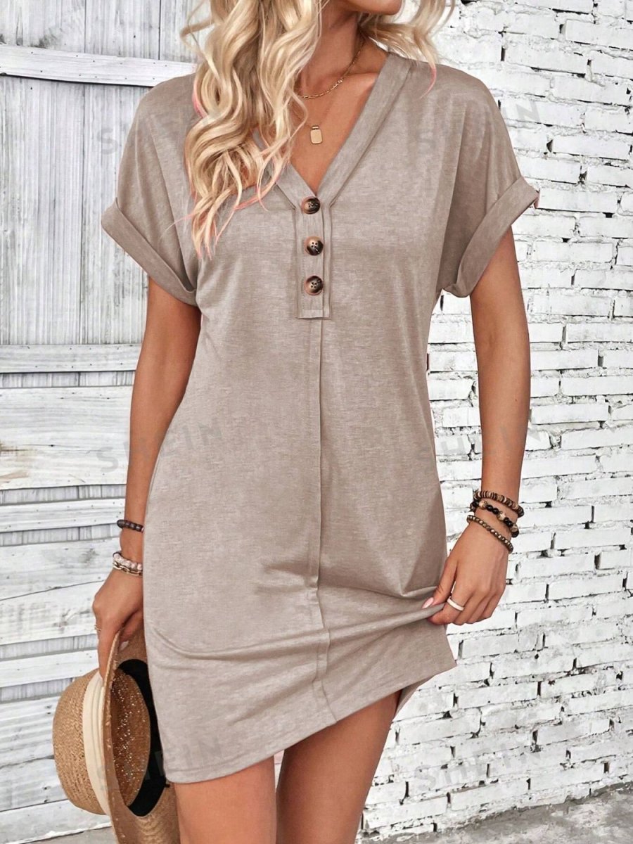 Black V-Neck Quarter Button Short Sleeve Mini Dress - A-Line Women's Casual