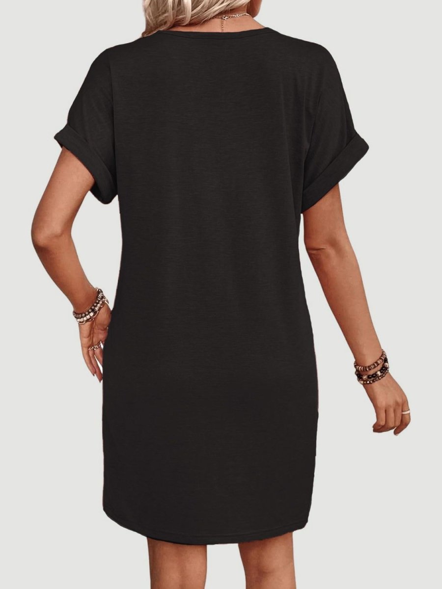 Black V-Neck Quarter Button Short Sleeve Mini Dress - A-Line Women's Casual