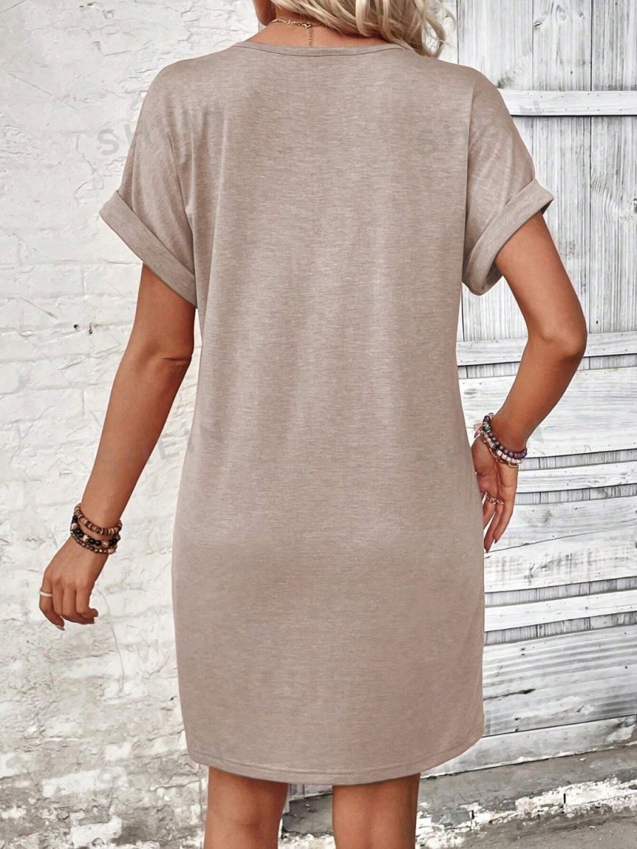 Black V-Neck Quarter Button Short Sleeve Mini Dress - A-Line Women's Casual