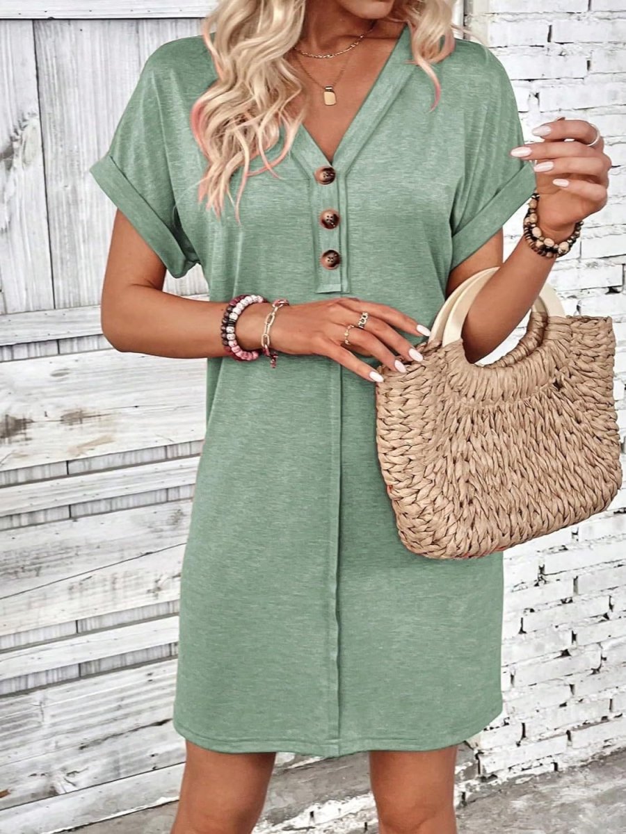 Black V-Neck Quarter Button Short Sleeve Mini Dress - A-Line Women's Casual