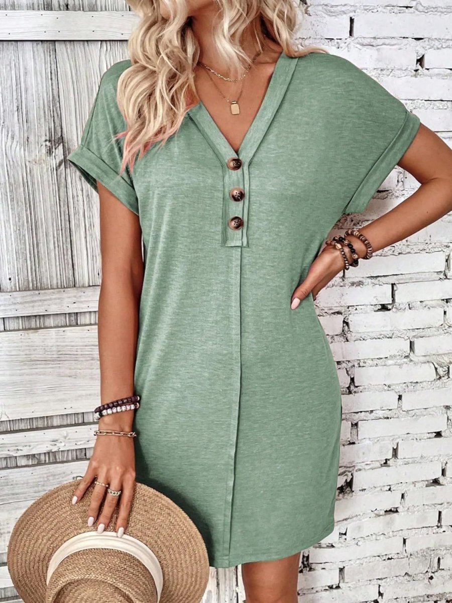 Black V-Neck Quarter Button Short Sleeve Mini Dress - A-Line Women's Casual
