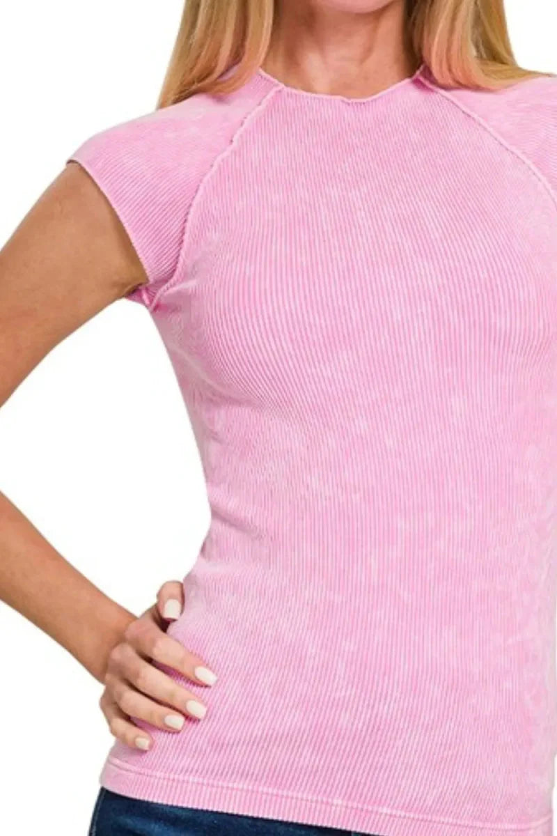 Top Ribbed Sleeveless Crew Neck Casual Acid Wash Fit