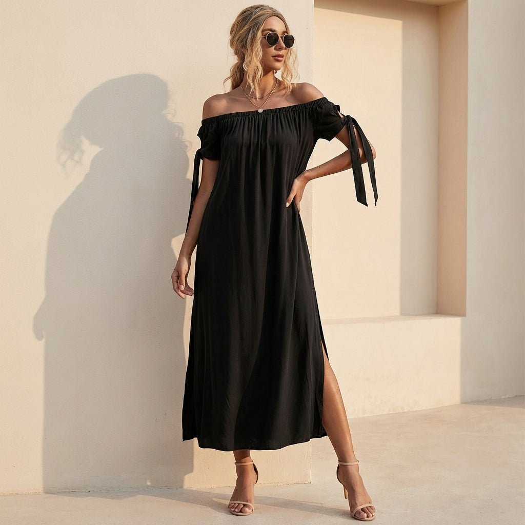 Slit Off Shoulder Short Sleeve Midi Dress
