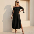 Slit Off Shoulder Short Sleeve Midi Dress