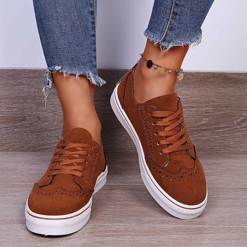 Suedette Lace-Up Flat Sneakers - Casual Comfort Women's Shoes