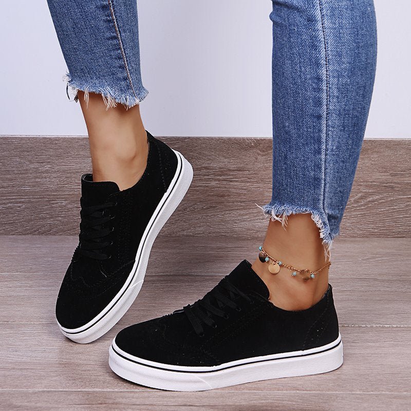 Suedette Lace-Up Flat Sneakers - Casual Comfort Women's Shoes