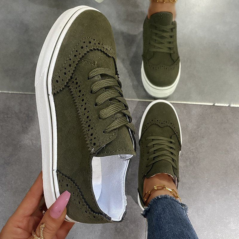 Suedette Lace-Up Flat Sneakers - Casual Comfort Women's Shoes