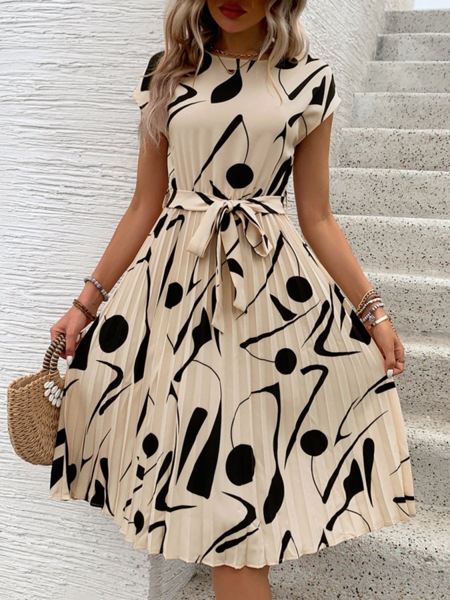 Pleated Cap Sleeve Mini Dress - Tied Waist Print Women's Casual