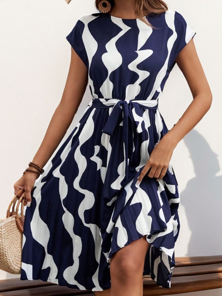 Pleated Cap Sleeve Mini Dress - Tied Waist Print Women's Casual