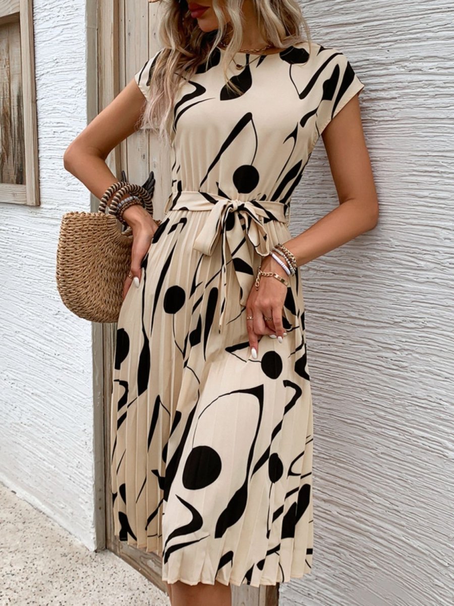 Pleated Cap Sleeve Mini Dress - Tied Waist Print Women's Casual