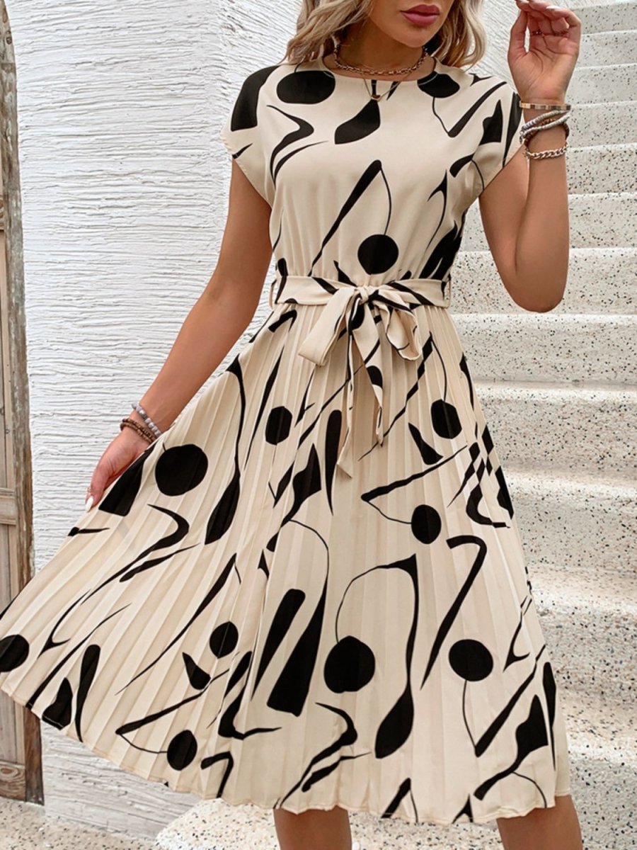 Pleated Cap Sleeve Mini Dress - Tied Waist Print Women's Casual