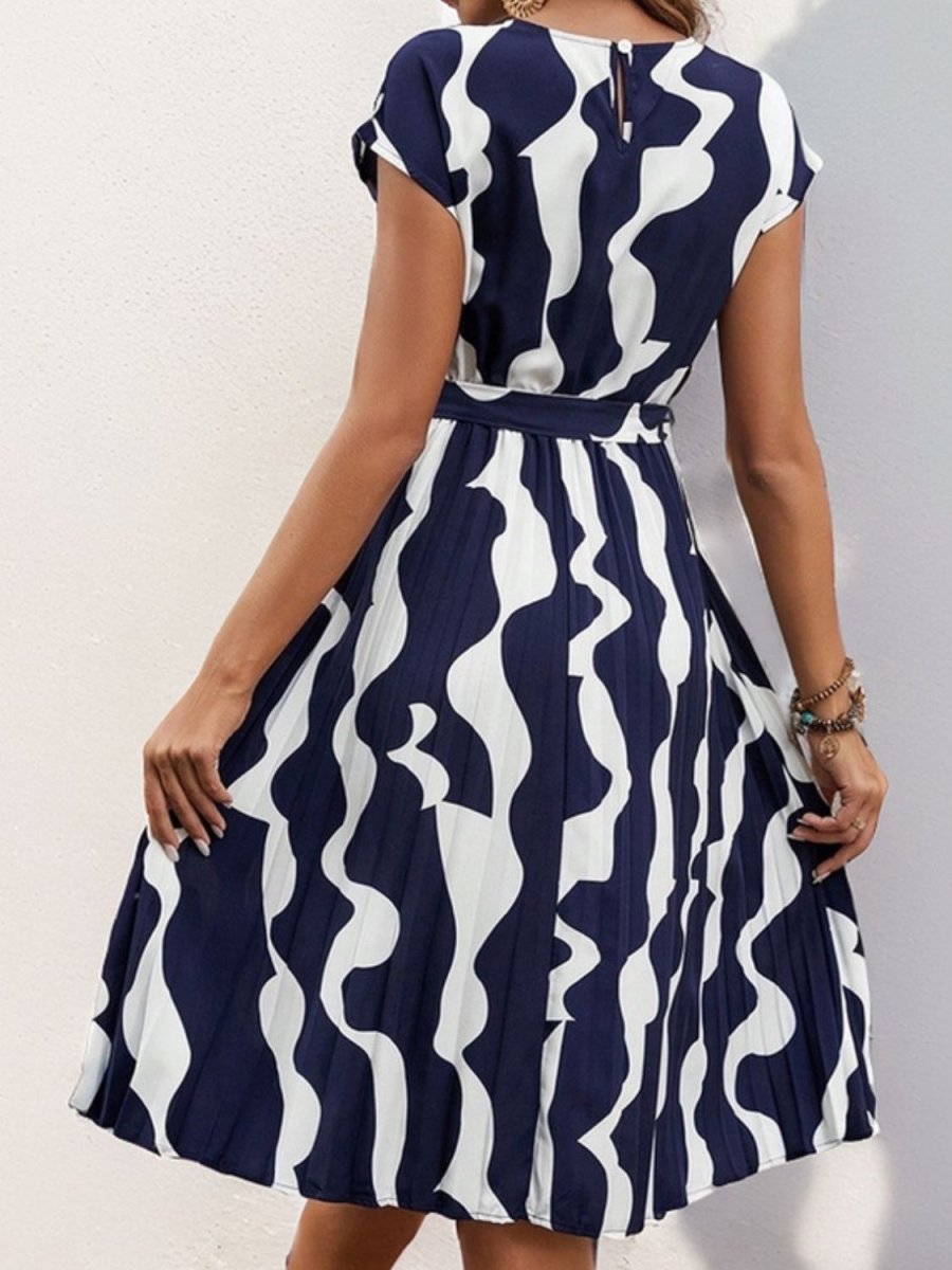 Pleated Cap Sleeve Mini Dress - Tied Waist Print Women's Casual