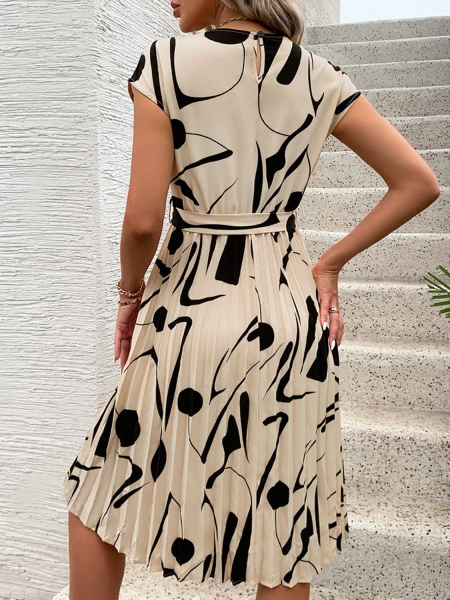 Pleated Cap Sleeve Mini Dress - Tied Waist Print Women's Casual