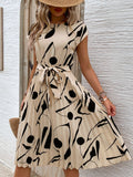 Pleated Cap Sleeve Mini Dress - Tied Waist Print Women's Casual