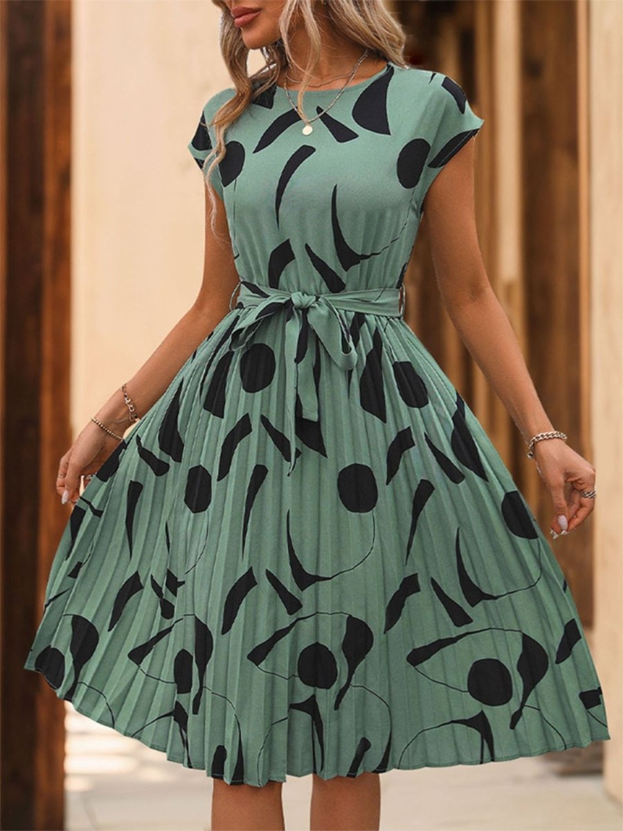 Pleated Cap Sleeve Mini Dress - Tied Waist Print Women's Casual