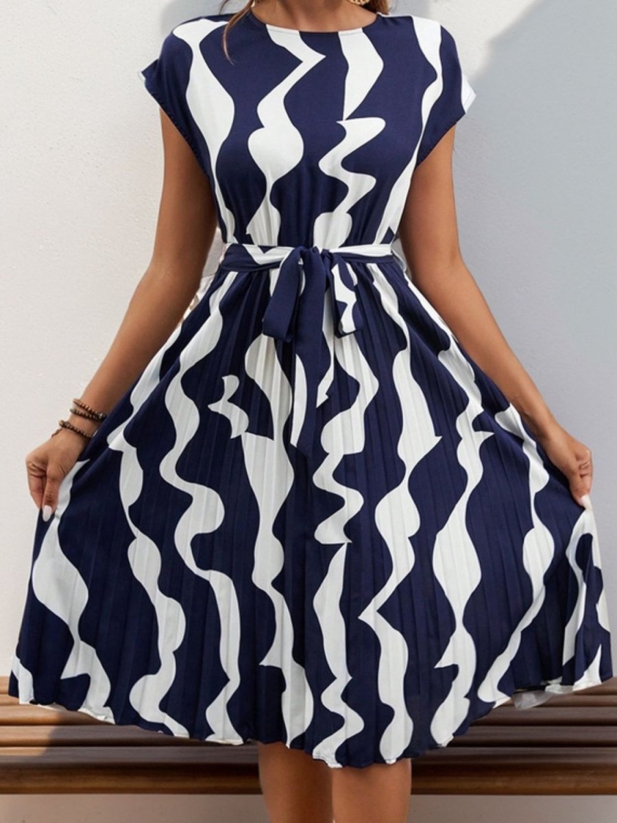 Pleated Cap Sleeve Mini Dress - Tied Waist Print Women's Casual