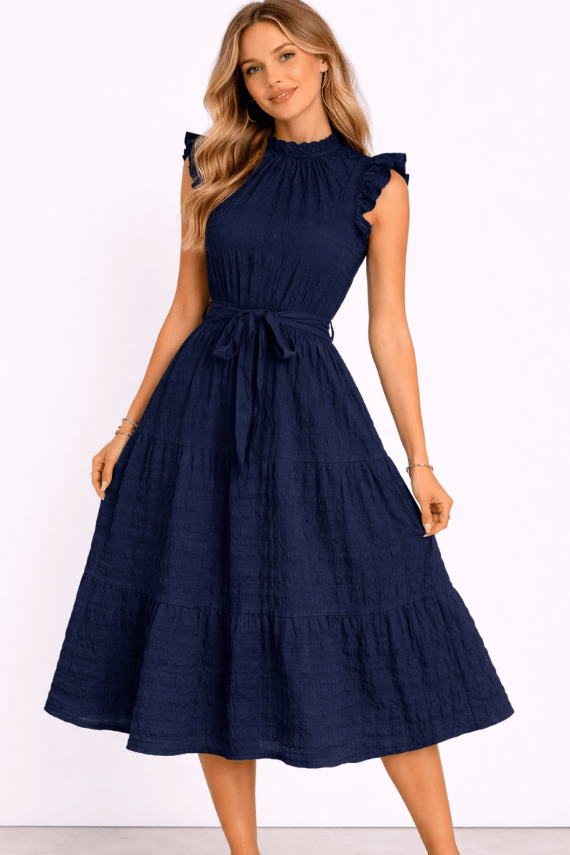 Tied Ruffled Cap Sleeve Midi Dress