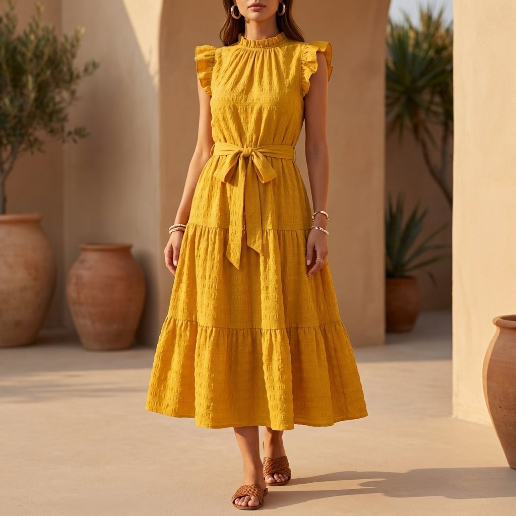 Tied Ruffled Cap Sleeve Midi Dress