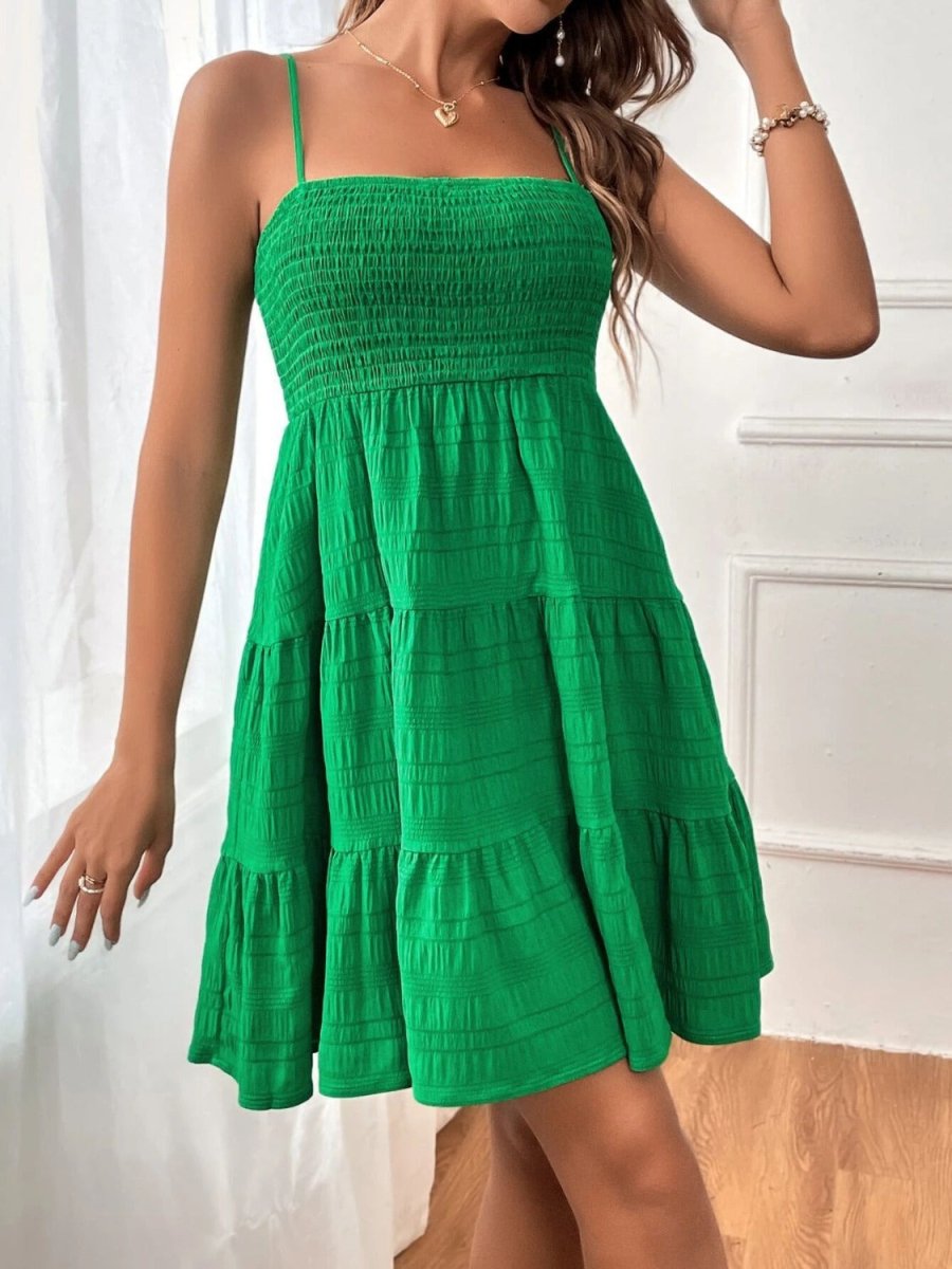 Smocked Square Neck Tiered Midi Dress - Sleeveless Cami Women's Summer