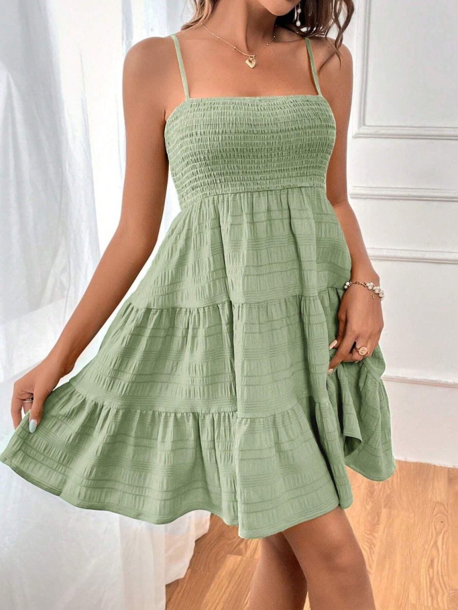 Smocked Square Neck Tiered Midi Dress - Sleeveless Cami Women's Summer