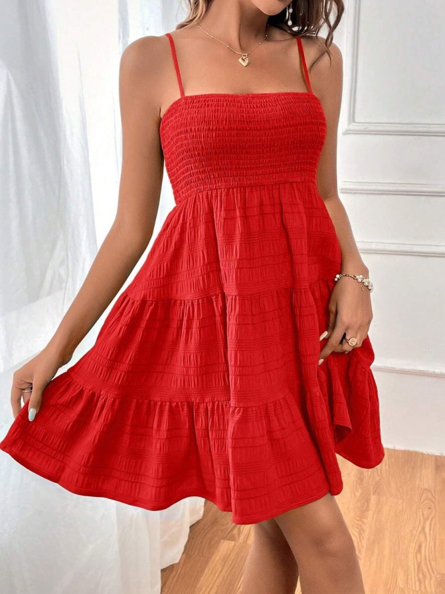 Smocked Square Neck Tiered Midi Dress - Sleeveless Cami Women's Summer