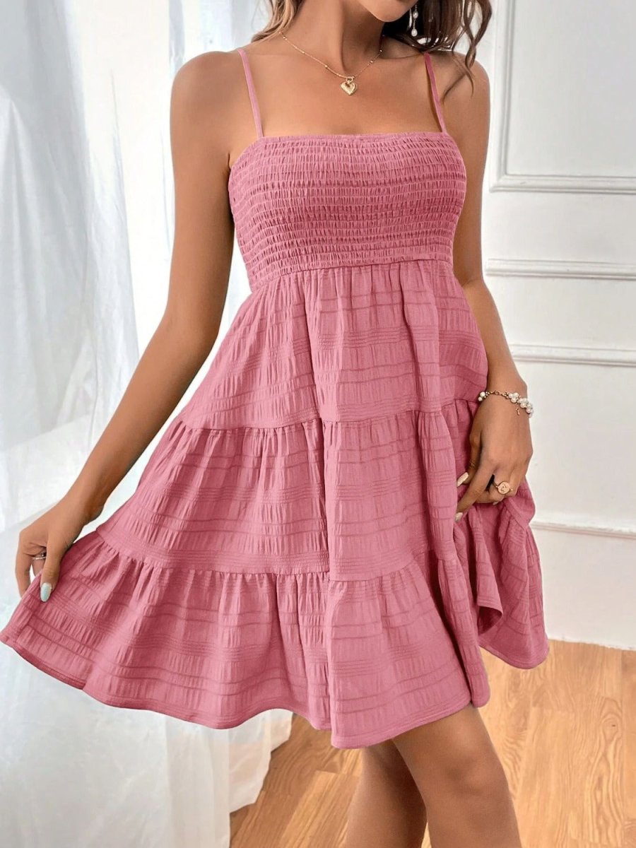 Smocked Square Neck Tiered Midi Dress - Sleeveless Cami Women's Summer
