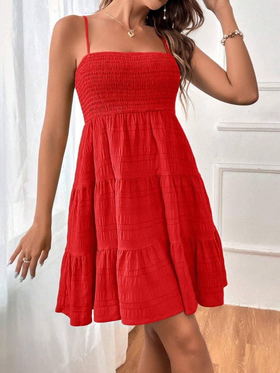 Smocked Square Neck Tiered Midi Dress - Sleeveless Cami Women's Summer