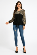 Top Leopard Stitching Knit Loose Pullover With Bow