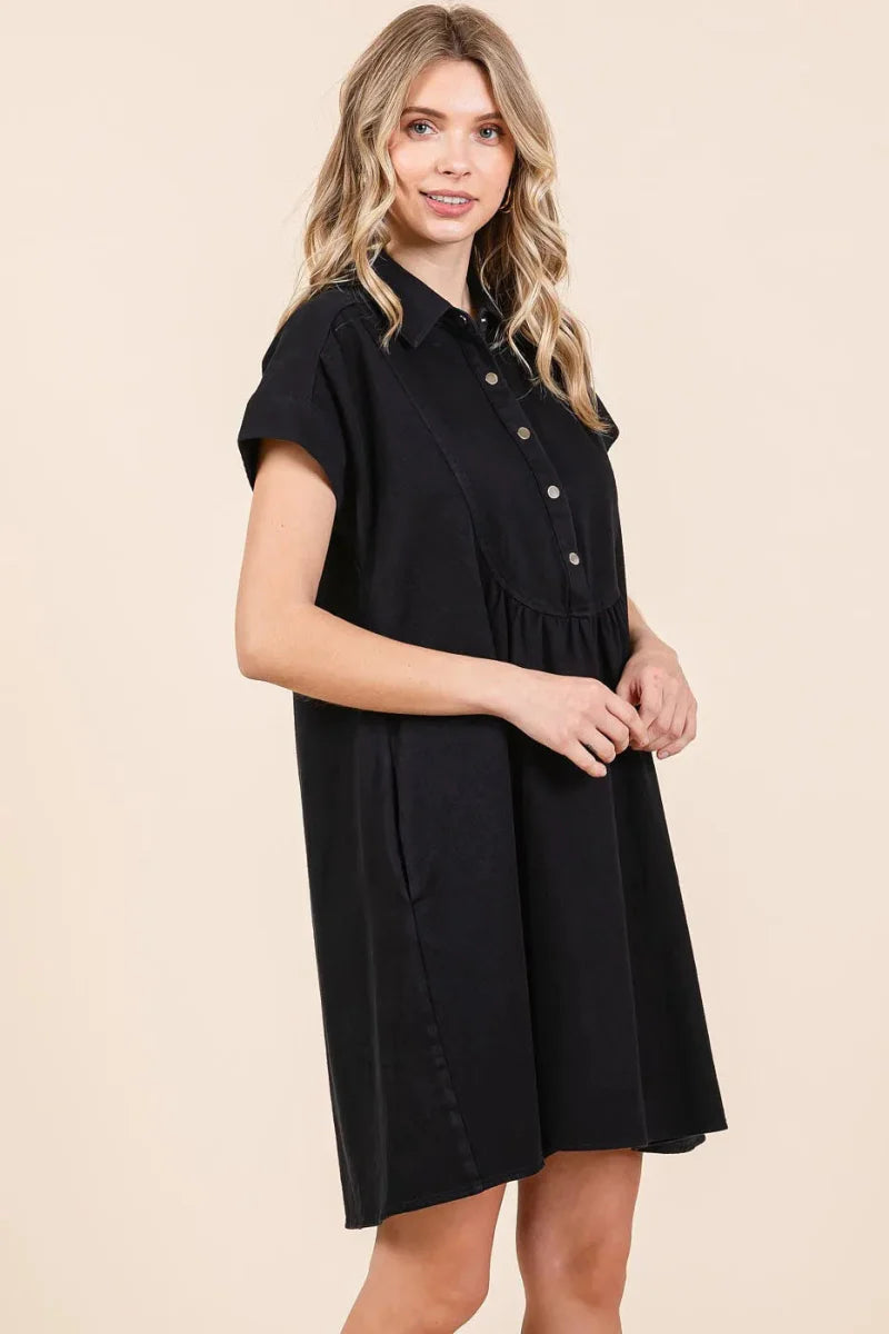Twill Short Sleeve Collared Mini Dress – Cotton Structure Fit