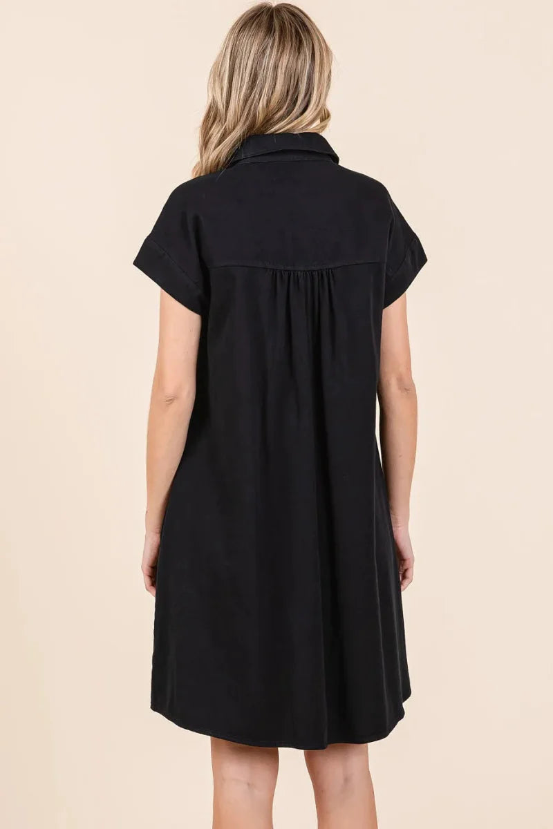 Twill Short Sleeve Collared Mini Dress – Cotton Structure Fit