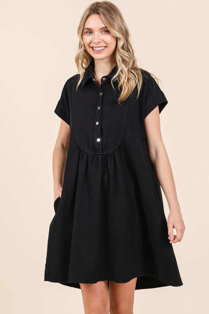 Twill Short Sleeve Collared Mini Dress – Cotton Structure Fit