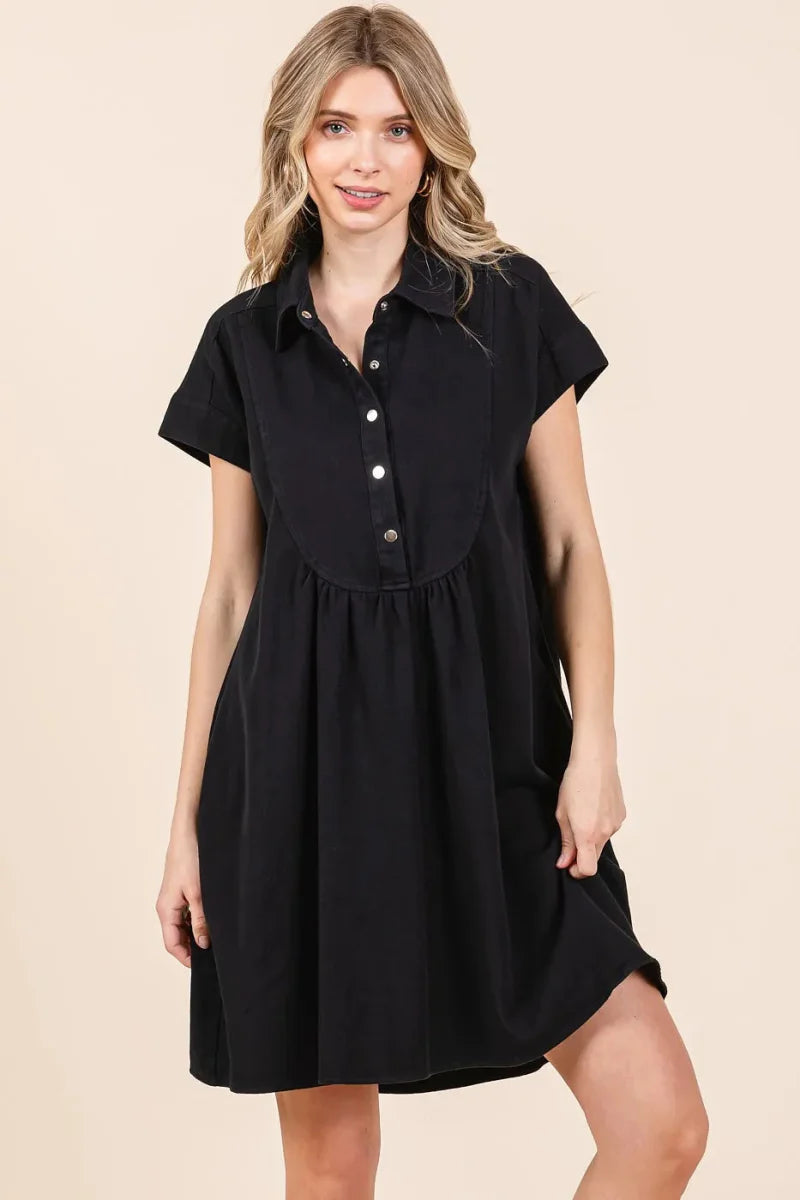 Twill Short Sleeve Collared Mini Dress – Cotton Structure Fit