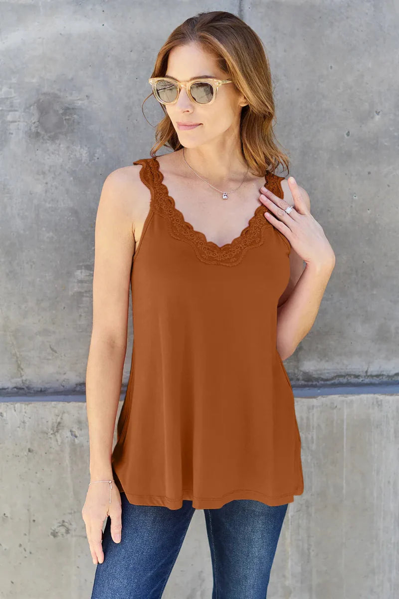 V-Neck Lace Trim Tank Top For Layered Everyday Wear