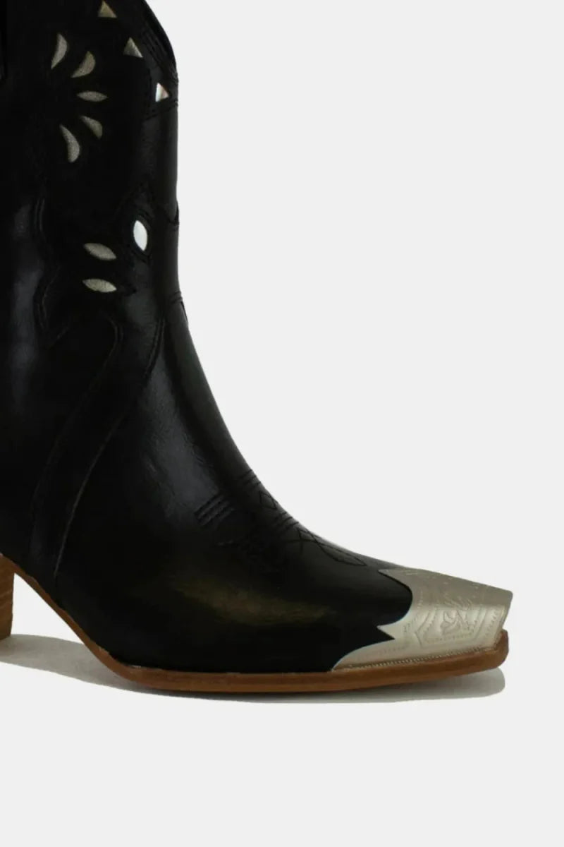 Western Embroidered Cut-Out Mid Heel Ankle Boots