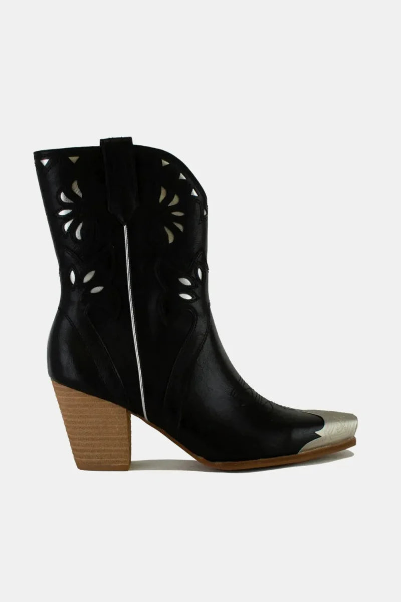 Western Embroidered Cut-Out Mid Heel Ankle Boots