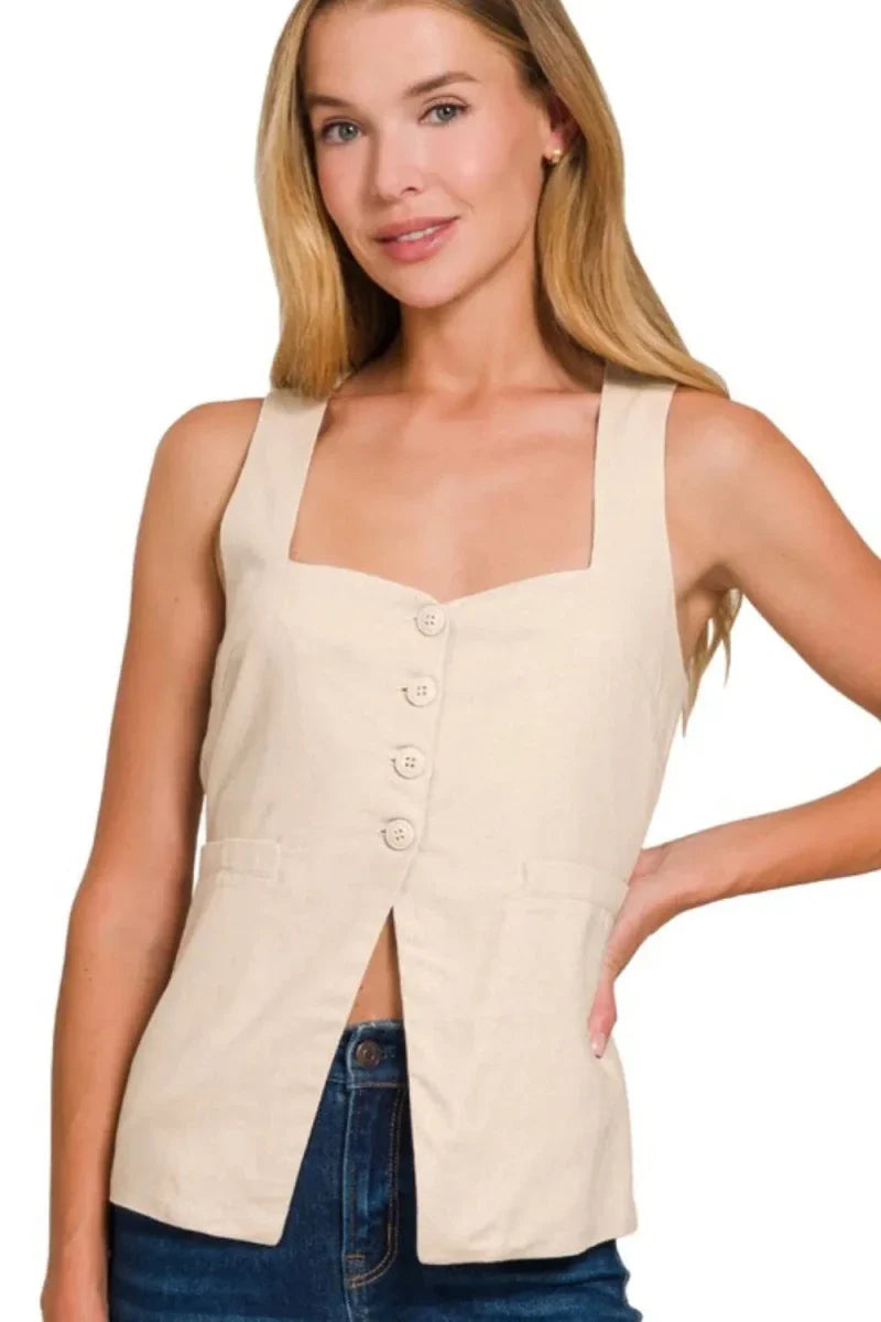Woman's Linen Tie-Back 4-Button Vest with Lining