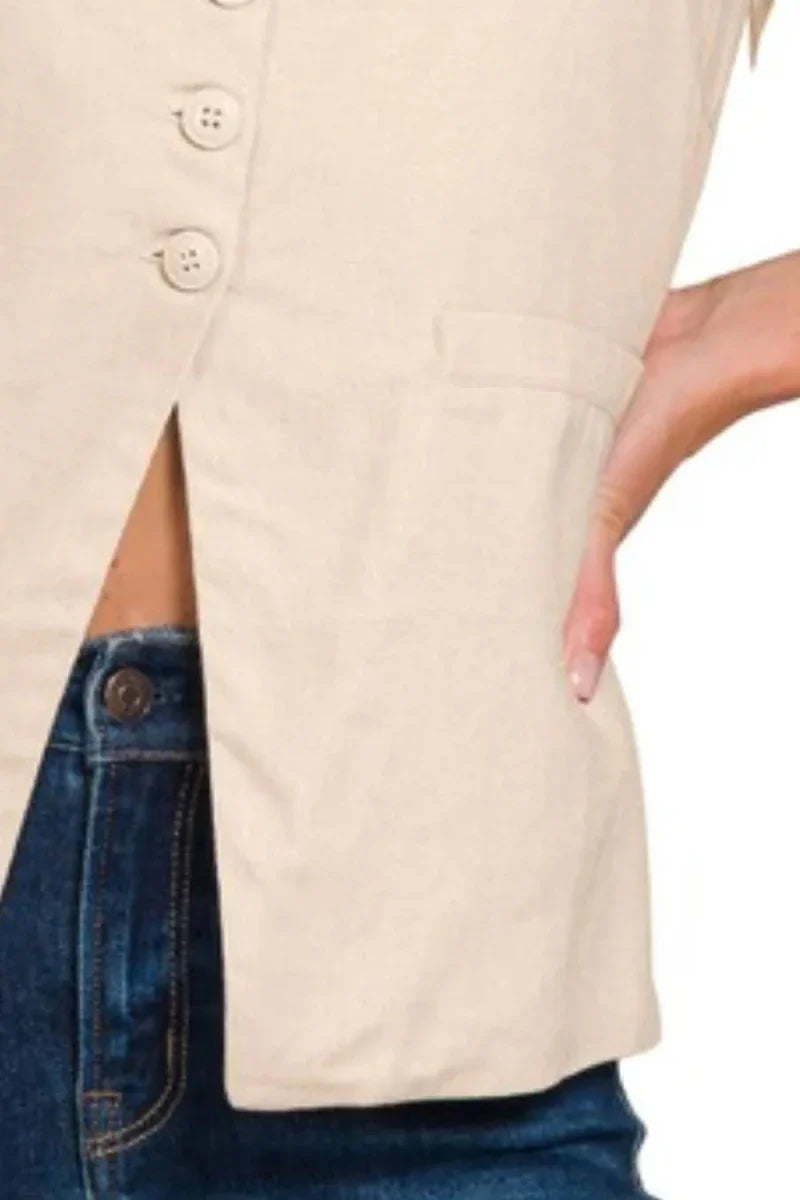 Woman's Linen Tie-Back 4-Button Vest with Lining