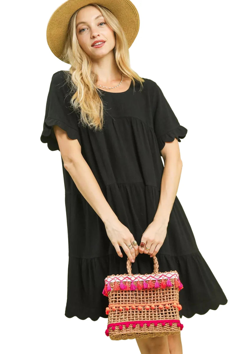 Dress Woman's Ruffle Sleeve Tiered Babydoll in Linen