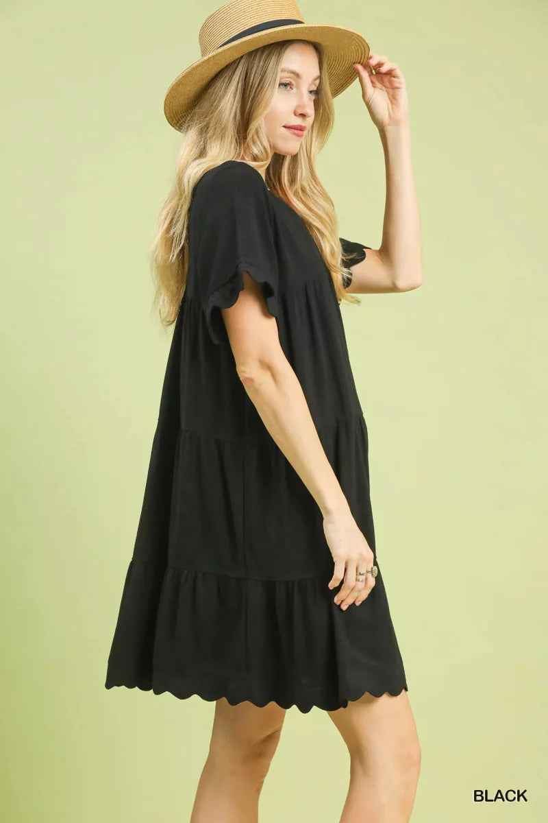 Dress Woman's Ruffle Sleeve Tiered Babydoll in Linen