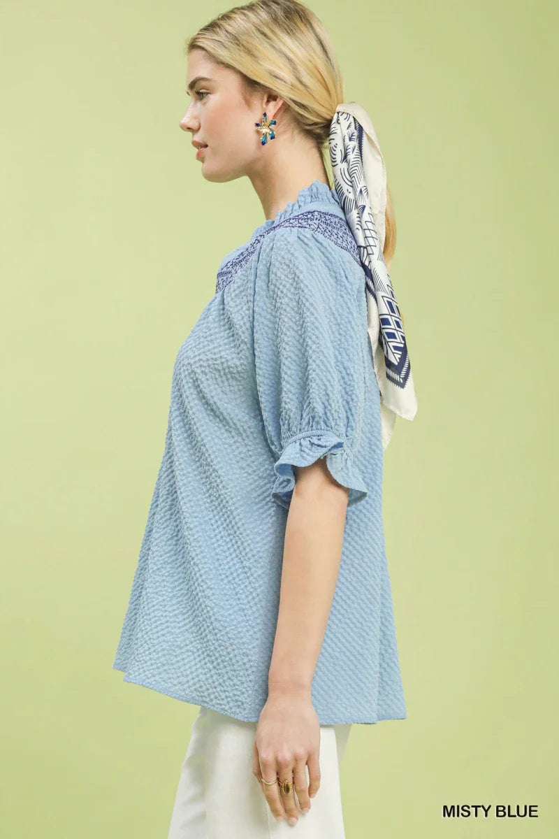 Blue Henley Blouse - Textured Ruffle Cuff Long Sleeve Women's Top