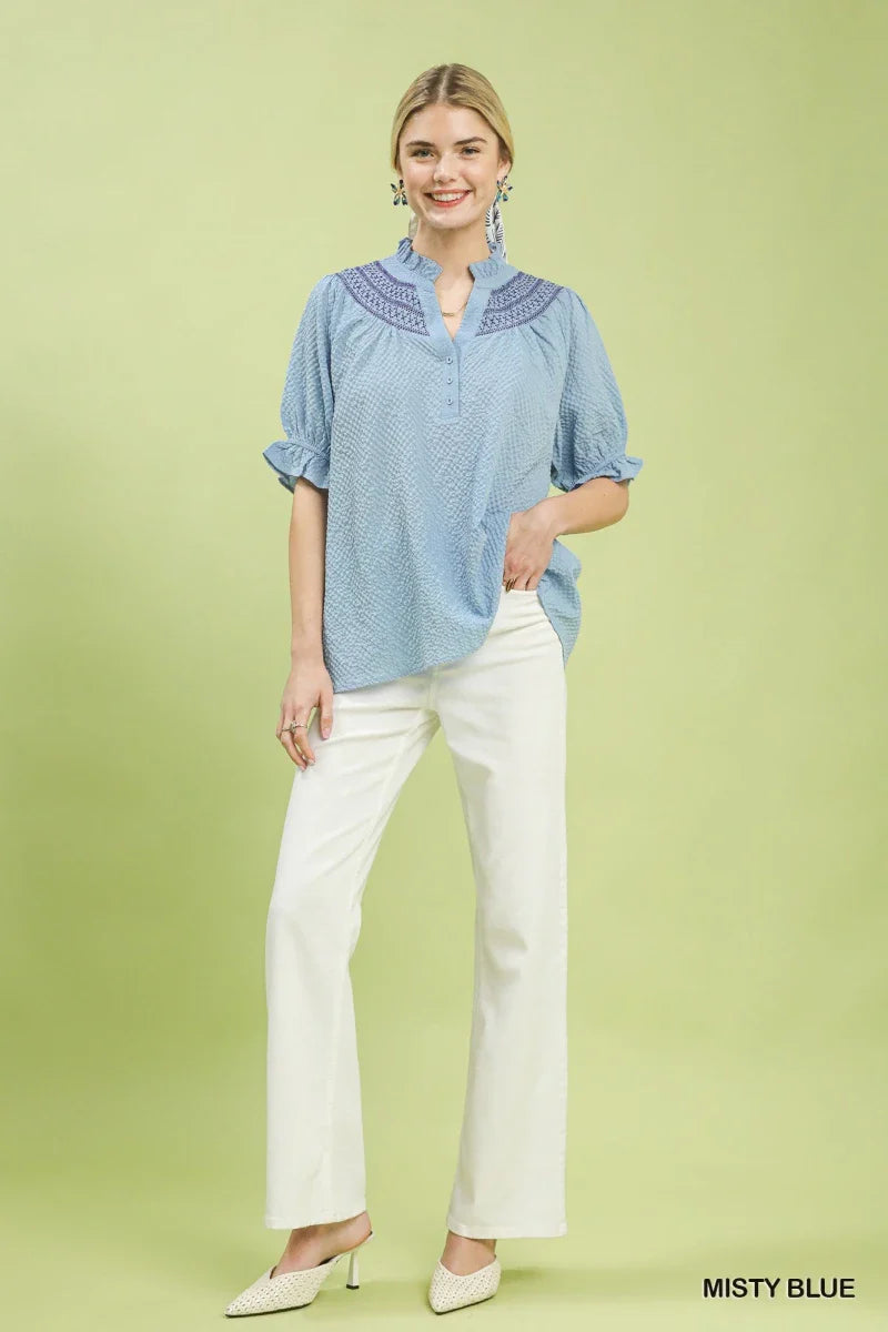 Blue Henley Blouse - Textured Ruffle Cuff Long Sleeve Women's Top