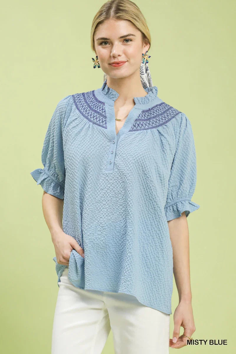 Blue Henley Blouse - Textured Ruffle Cuff Long Sleeve Women's Top