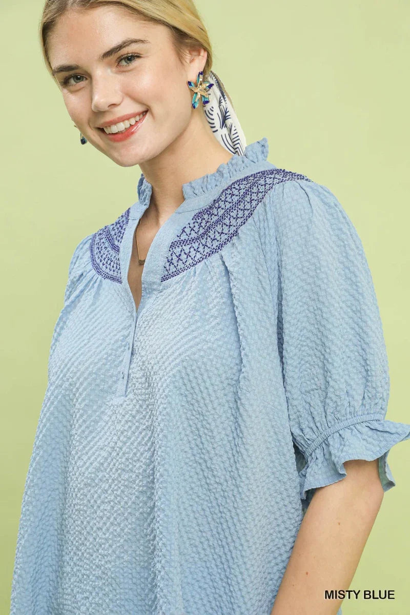 Blue Henley Blouse - Textured Ruffle Cuff Long Sleeve Women's Top