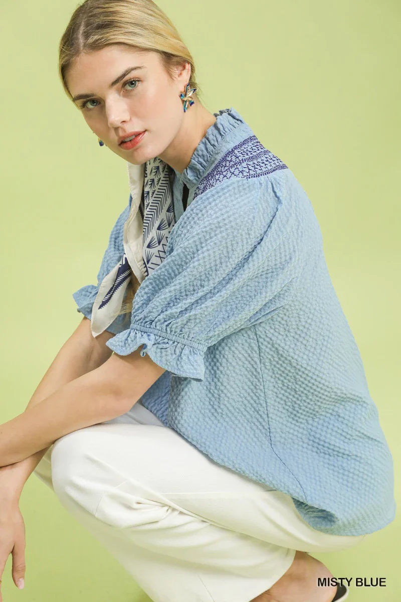 Blue Henley Blouse - Textured Ruffle Cuff Long Sleeve Women's Top