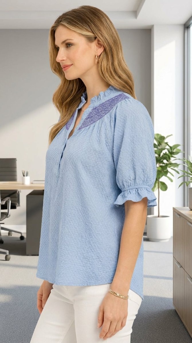 Blue Henley Blouse - Textured Ruffle Cuff Long Sleeve Women's Top